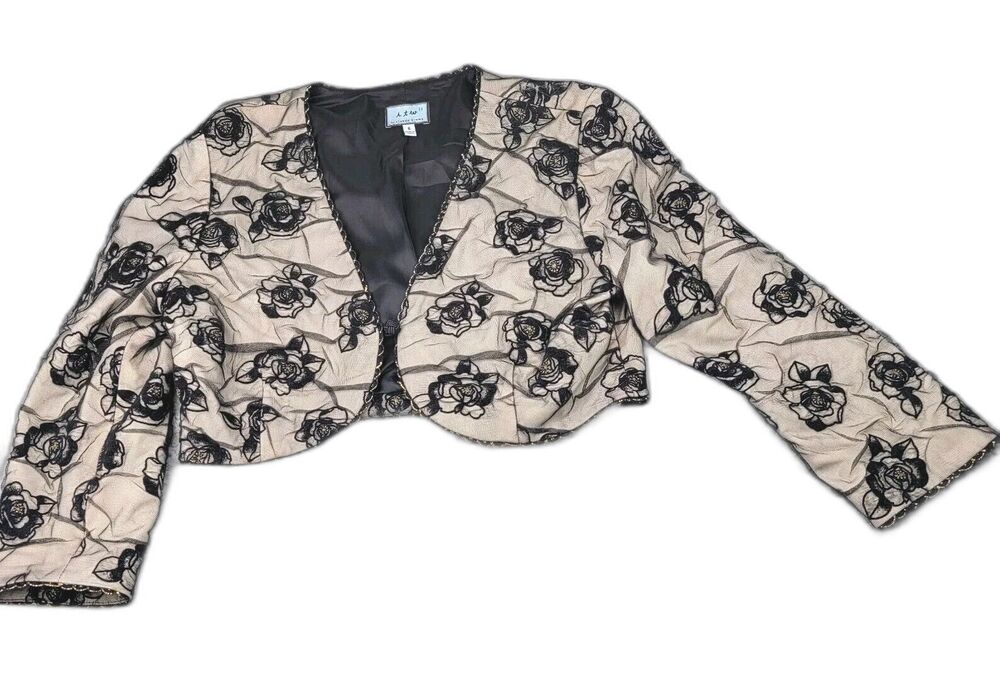 itw by Claude Brown Bolero Jacket Beige Black 6 Cropped Evening Rose Embroidered